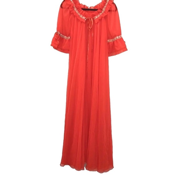 Intime California Stunning & Elegant VTG 1950’s 60’s Double Chiffon Coral Robe S - Picture 2 of 11